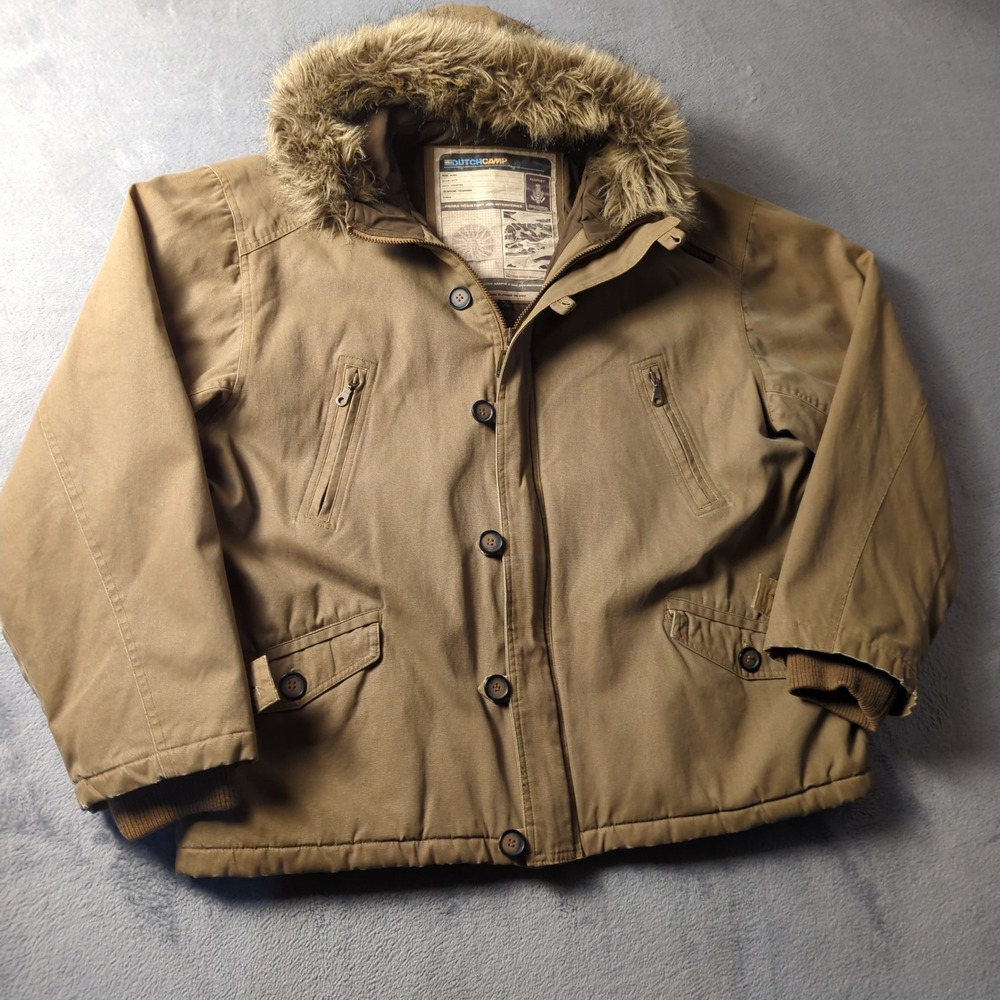 Vintage 90s Dutchcamp Jacket XL Brown Faux Fur Hood Coat Quilted Lined Y2K